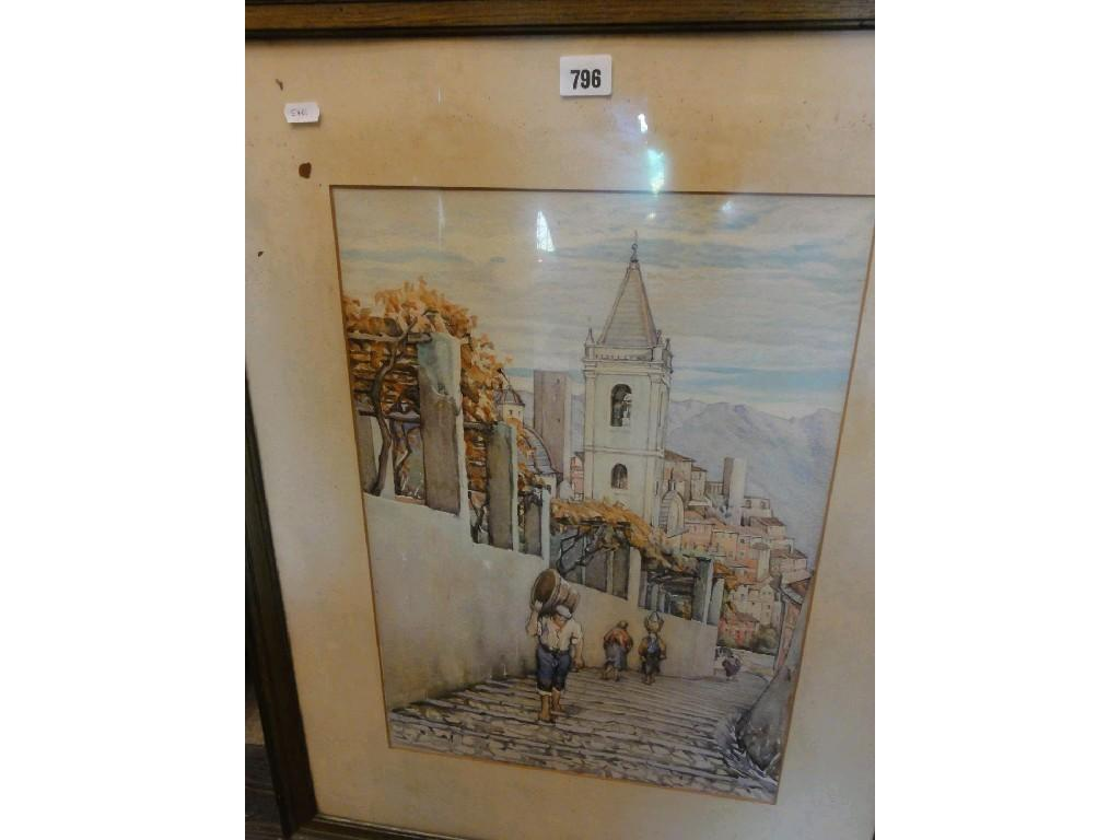 An early 20th century watercolour of figures climbing steps at