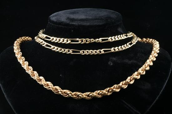 TWO YELLOW GOLD NECKLACES One 18K gold rope chain 6