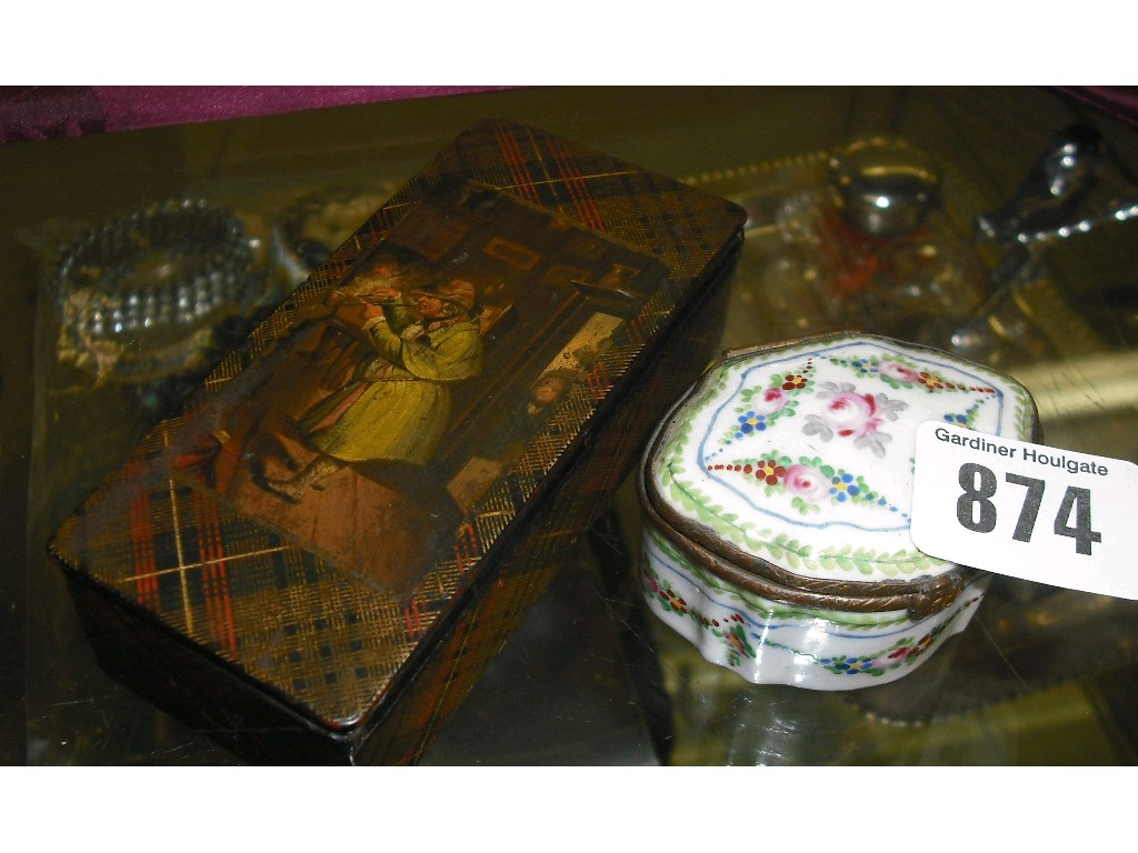19th century Tartan ware oblong box the lid painted with