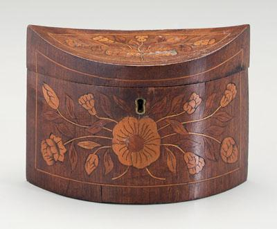 Inlaid tea box boat shaped with conforming interior lid concave
