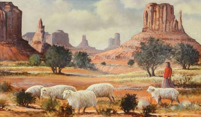 Framed oil on board painting Little Shepherdess signed lower left