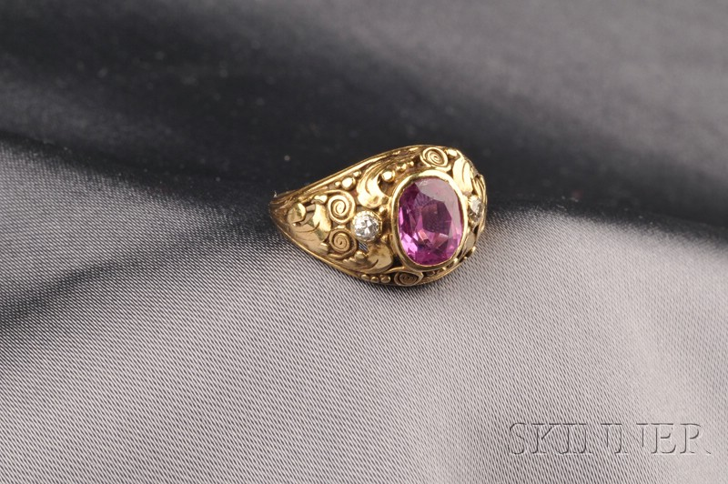 Arts Crafts 14kt Gold Pink Sapphire and Diamond Ring Edward