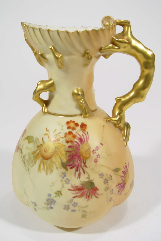 Royal Worcester blush ivory ground ewer hand painted and gilded
