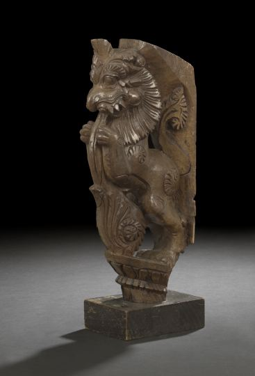 Indian Carved Hardwood Corbel of a Rampant Lion in the