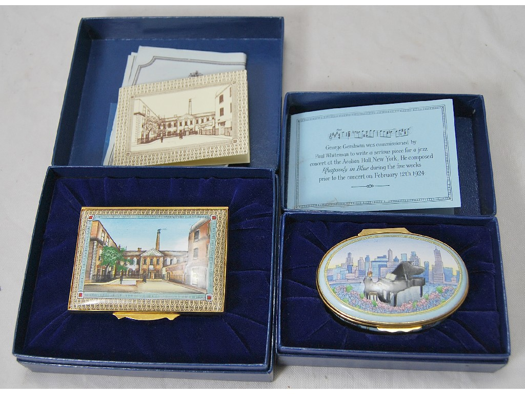 A Halcyon Days enamel commemorative oval box with musical movement