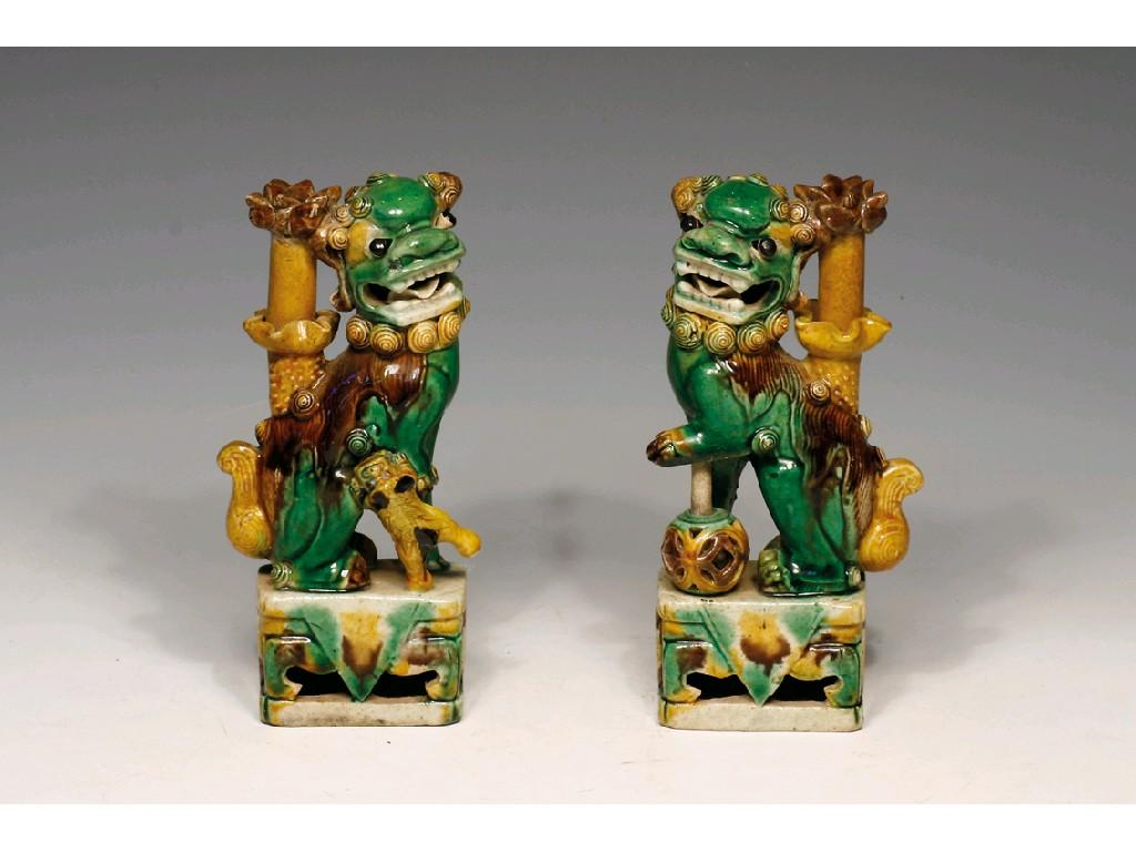 A PAIR OF CHINESE BISCUIT PORCELAIN JOSS STICK HOLDERS splashed