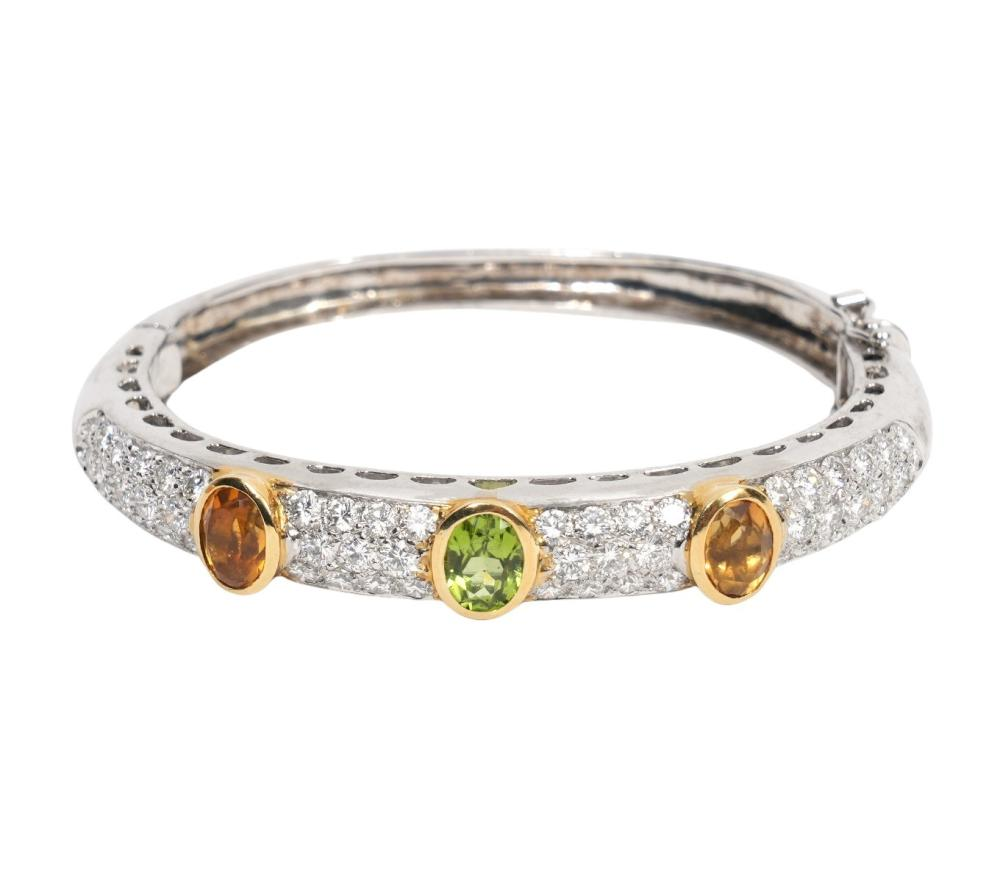 DIAMOND CITRINE PERIDOT 18K WG BANGLE BRACELET18K white gold pave
