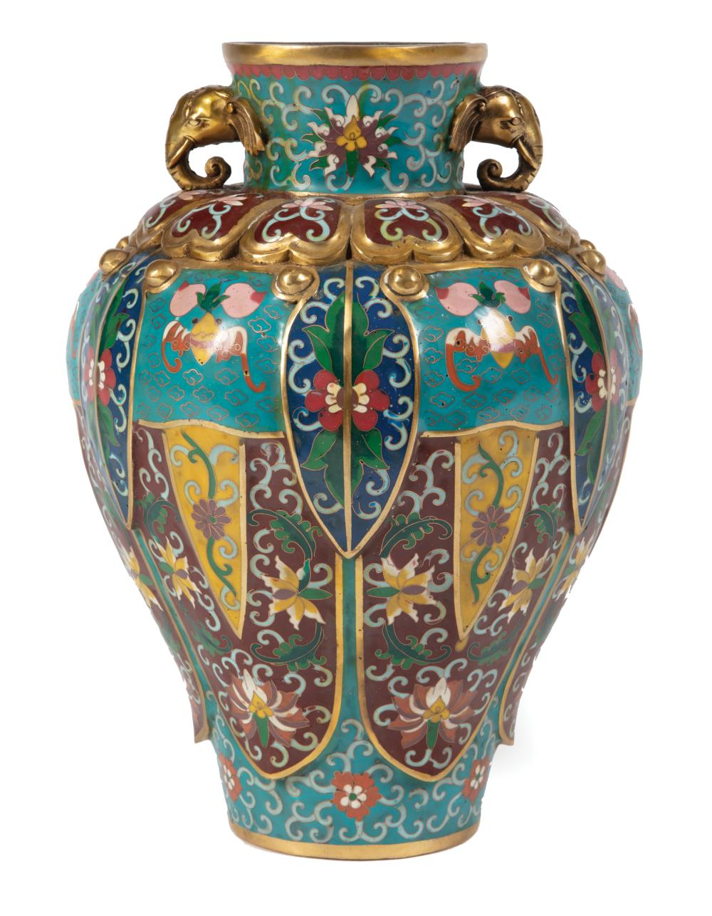 Chinese Cloisonne Enamel Vase gilt bronze elephant mask handles and
