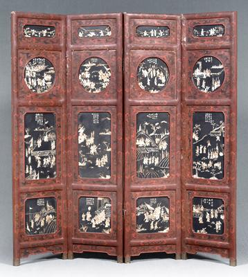 Chinese lacquered four panel screen red and black lacquer engraved