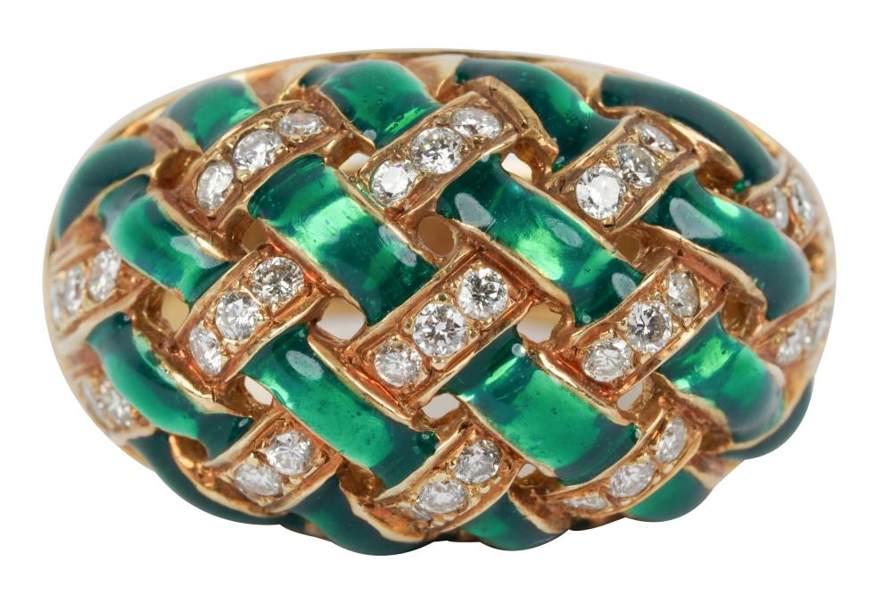 14 KARAT YELLOW GOLD DIAMOND ENAMEL BOMBE RINGcontaining 40 full