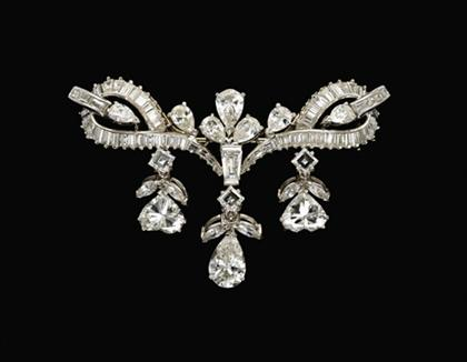 Platinum and diamond drop brooch 1950s Bow shaped with three