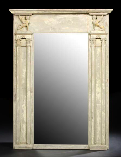 Large French Carved and Gris de Trianon Painted Overmantel Mirror