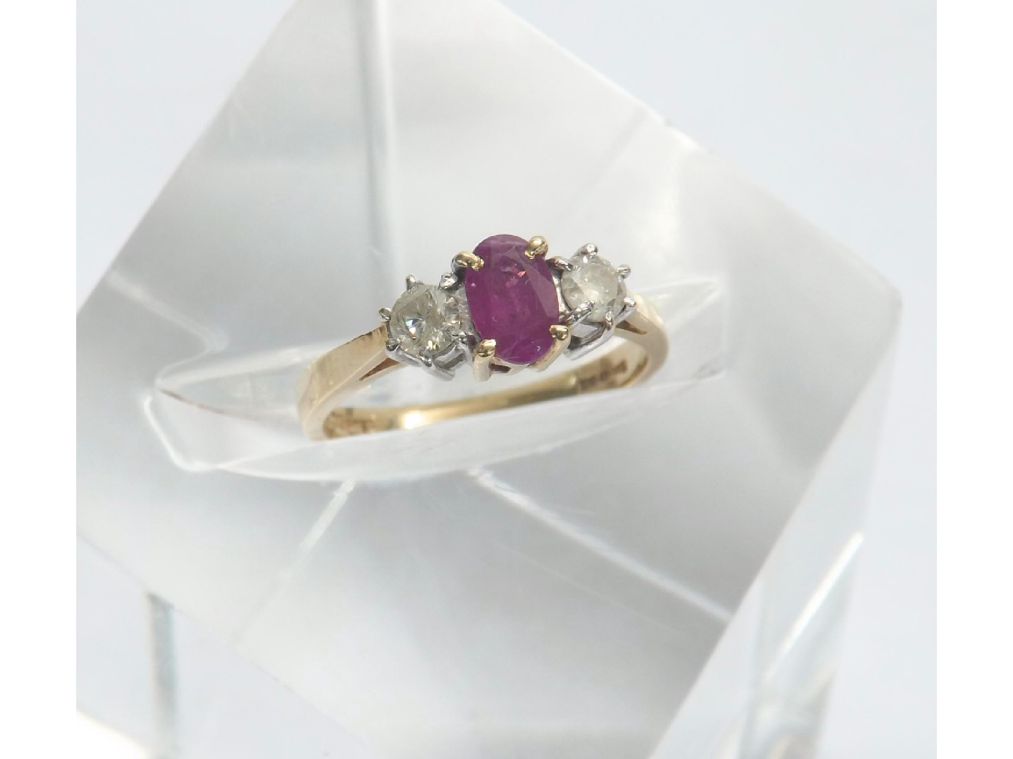 18ct yellow gold ruby and diamond three stone ring the