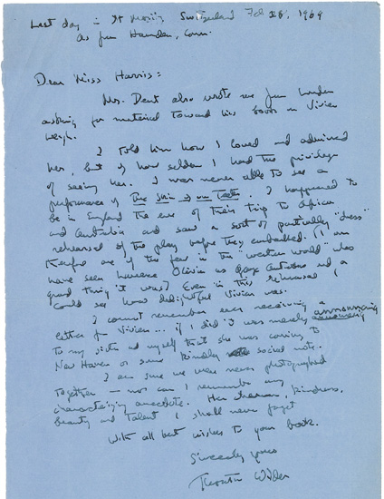 WILDER THORNTON Autograph Letter Signed to Dear Miss Harris responding