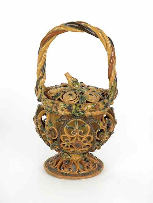 Redware bride s basket 19th c probably French with rope