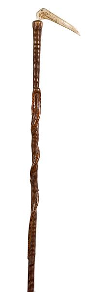 FOLK ART CANE WITH ANTLER HANDLE AND INLAID 1853 COIN