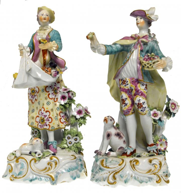 A PAIR OF DERBY FIGURES OF DRESDEN SHEPHERDS the gallant