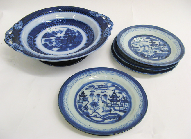 BLUE WHITE GLAZED POTTERY TABLE ITEMS decorated in Oriental motifs