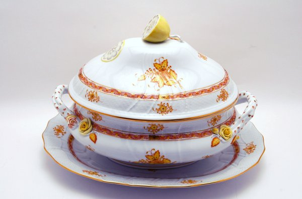 Large Herend covered tureen and underplate Yellow and orange flower