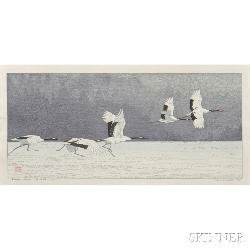 Toshi Yoshida 1911 1995 Tancho Crane Japan 1988 color woodblock