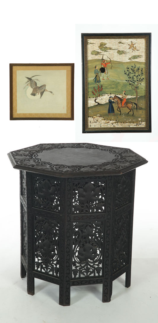 STAND AND TWO PAINTINGS Asian 1st half 20th century Folding