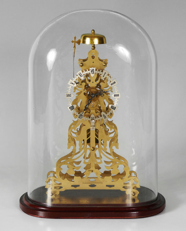 DECKERT GERMAN SKELETON CLOCK Brass skeleton clock on wood base