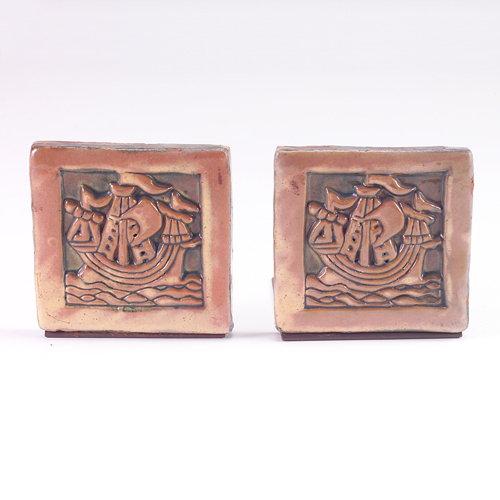 MORAVIAN Pair of tile bookends with a tall ship covered