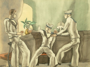 John Stregman mid 20th century Sailors in a bar watercolour