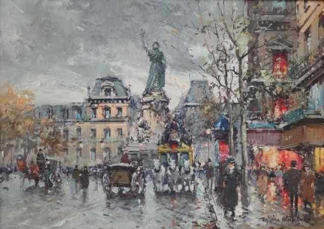 BLANCHARD Antoine Oil on Canvas of a ParisianStreet Scene Signed