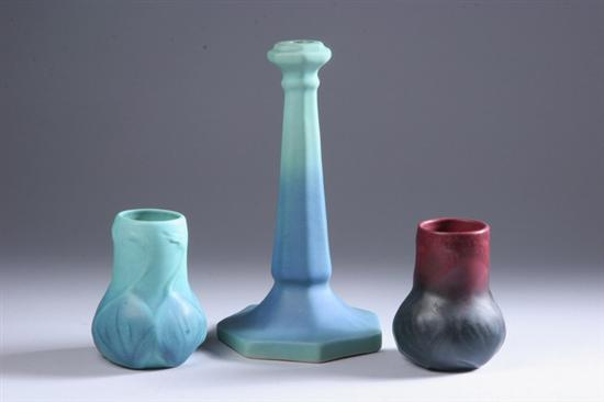 THREE PIECES VAN BRIGGLE ART POTTERY One vase turquoise matte