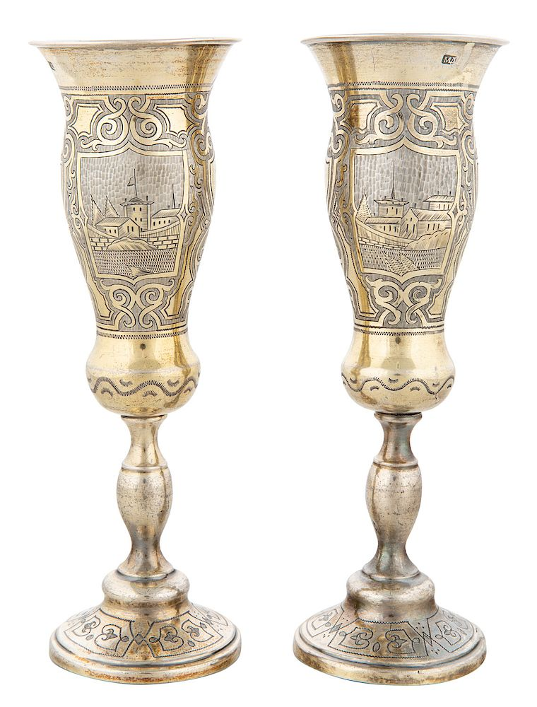 A PAIR OF RUSSIAN SILVER CHAMPAGNE FLUTES WORKMASTER MIKHAIL DIMITRIEV