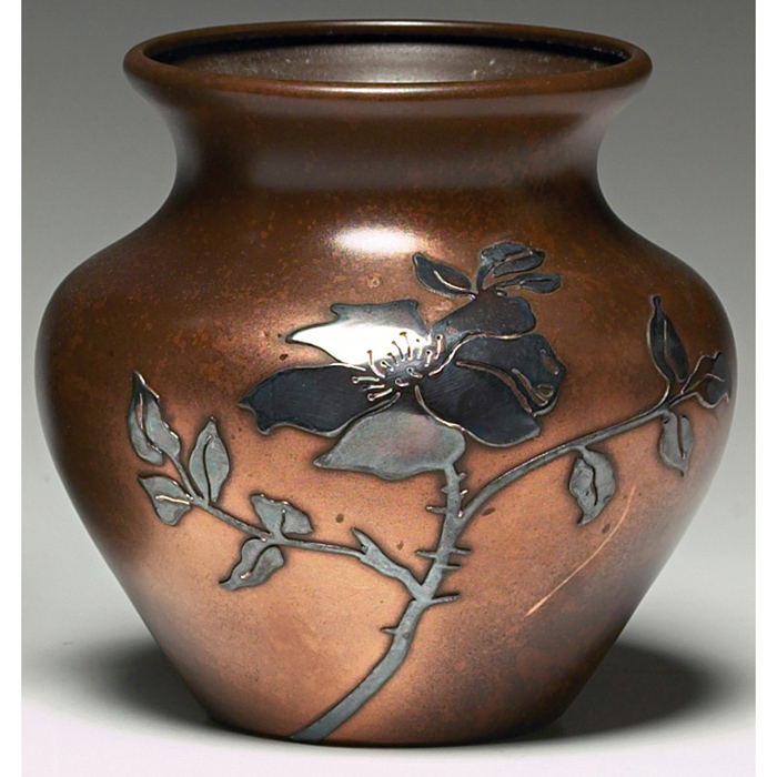 Heintz vase bulbous form sterling on bronze applied rose design