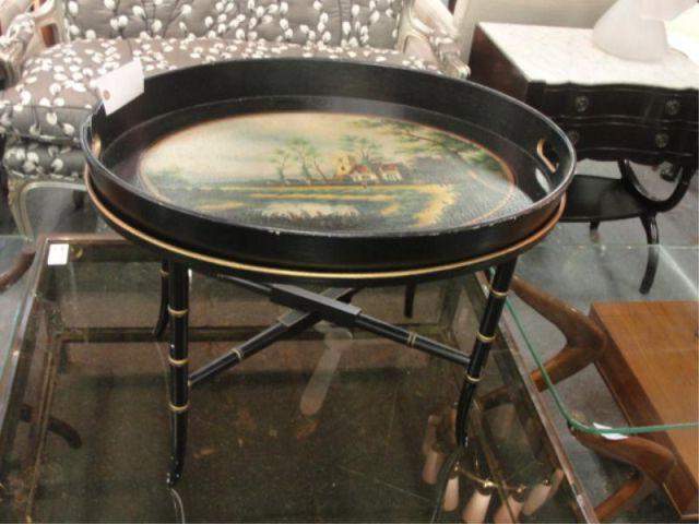 Black Lacquer Decorated Tray Top Table From a Greenwich area