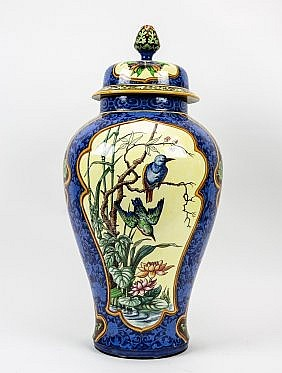 LARGE SARREGUEMINES CERAMIC COVERED VASEFrench Early 20th Century Molded and