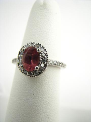 14K white gold pink tourmaline ring with pave set diamonds