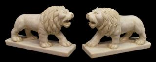 2 CARVED WHITE MARBLE LION SCULPTURES pair White marble lion