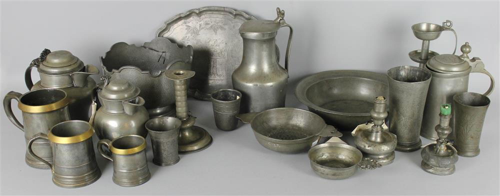LARGE COLLECTION OF PEWTER VARIOUS DATES including a beaker incised
