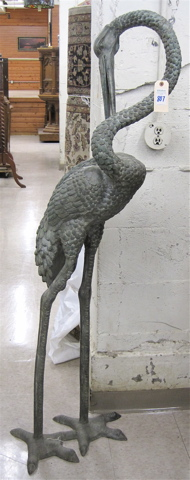 PATINATED VERDE BRONZE GARDEN CRANE cast in standing pose with
