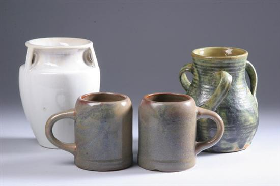 FOUR PIECES FULPER ART POTTERY One three handled jar green