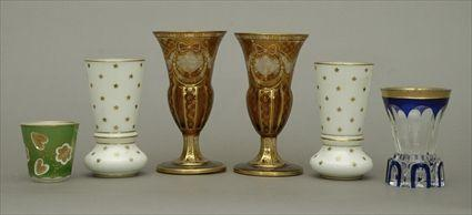 Pair of Moser Style Engraved and Gilt Amber Flashed Glass