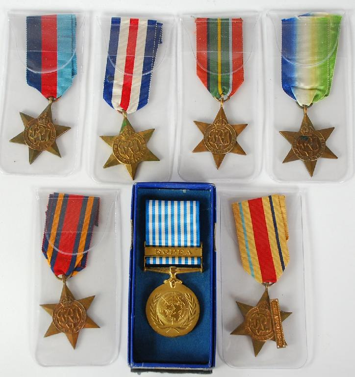 SIX WORLD WAR II STAR MEDALS with ribbons respectively 1939