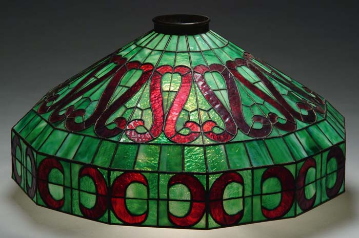 LEADED GLASS HANGING SHADE Nice leaded glass hanging shade has