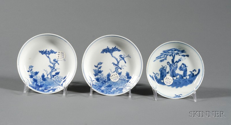 Three Porcelain Saucer Dishes early 20th century a pair decorated
