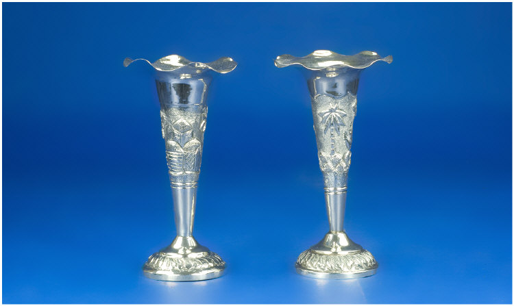 Pair Of Nigerian Silver Vases Of Trumpet Shape With Flared