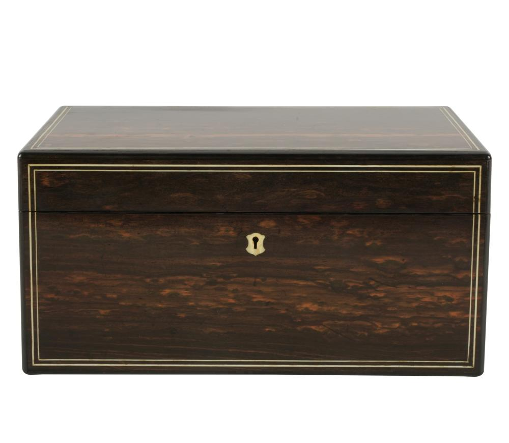 ENGLISH STRING INLAID COROMANDEL WOOD TEA CADDY19th century with brass