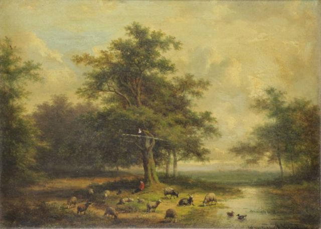 VANDEVERDONCK Francois Oil on Canvas Shepherdat Rest with Grazing Flock
