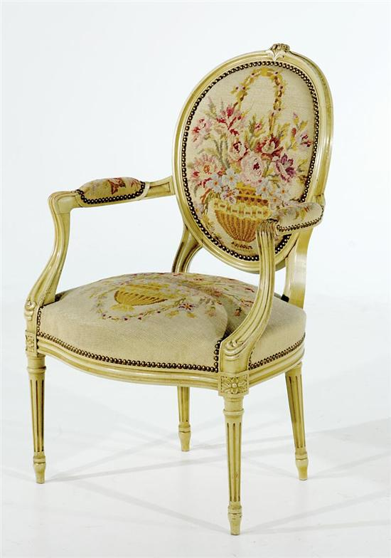 Louis XVI style painted fauteuil 20th century oval needlework upholstered