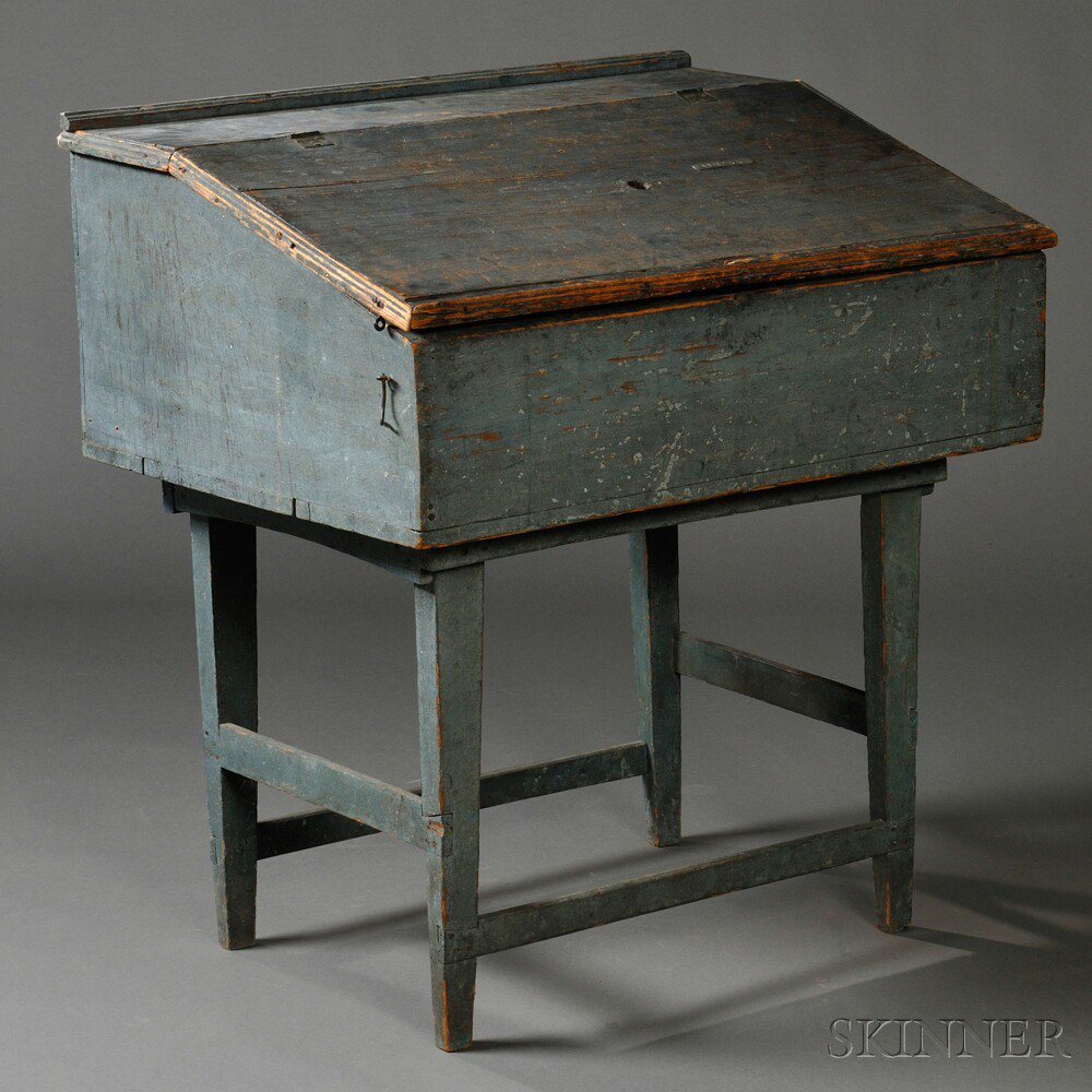 Blue painted Desk Box on Stand possibly Chester New Hampshire