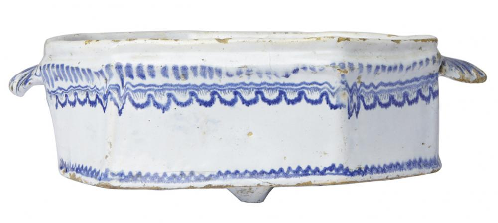 FRENCH FAIENCE NEVERS RECTANGULAR DEEP SIDED DISH WITH SHELL HANDLES