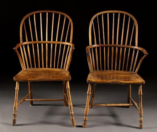 Pair of Windsor style mixed wood comb back plank seat